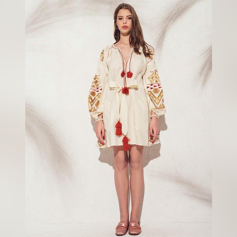 March11 March 11 Off-White & Gold Linen Mini Dress Size S